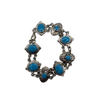 Vintage Silver Tone Bracelet W/ Turquoise-Style Stones & Ornate Detailing A155